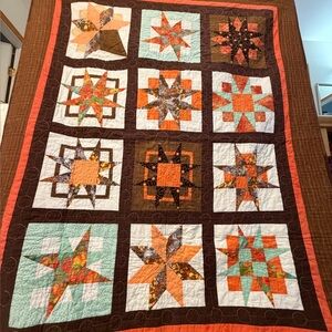 Patchwork Star Quilt - Brown, Orange, and White